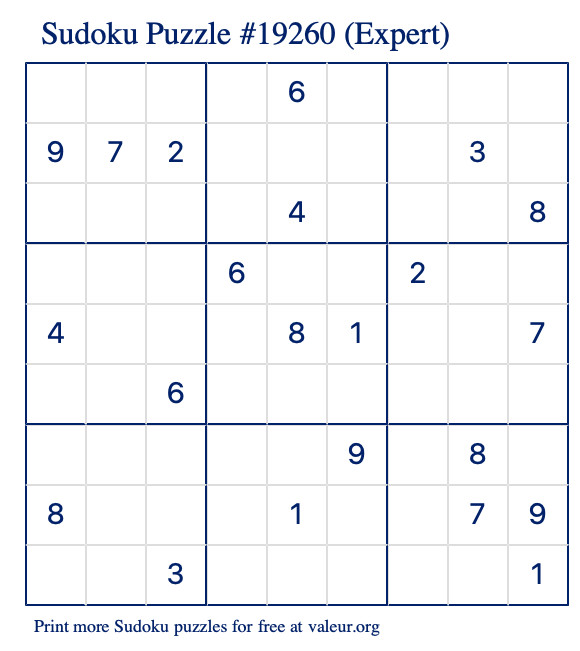 Free Printable Expert Sudoku Puzzle number 19260