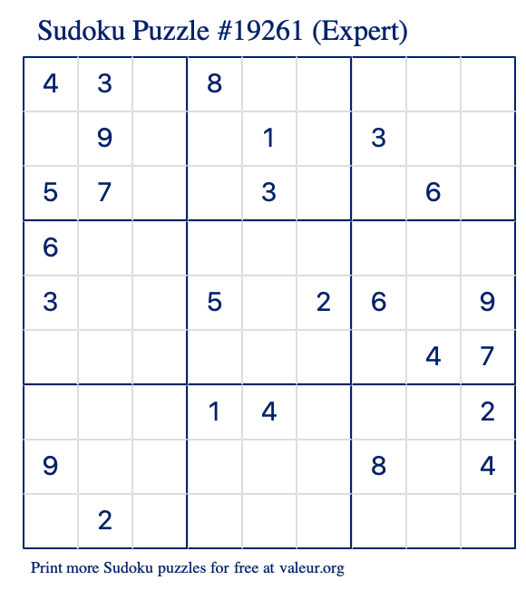 Free Printable Expert Sudoku Puzzle number 19261