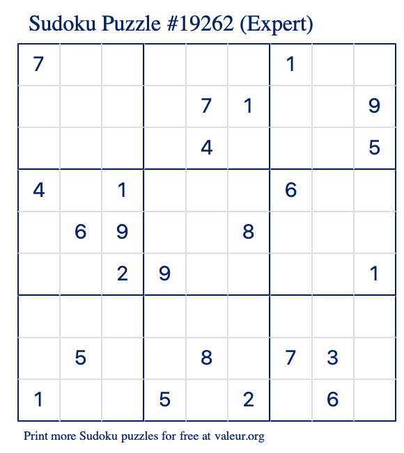 Free Printable Expert Sudoku Puzzle number 19262