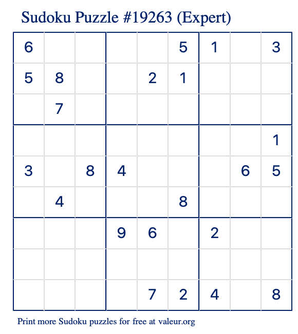 Free Printable Expert Sudoku Puzzle number 19263