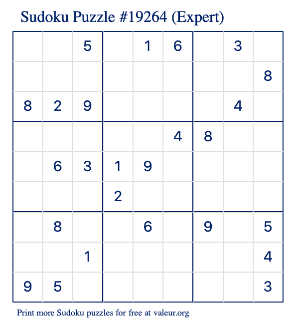 Free Printable Expert Sudoku Puzzle number 19264