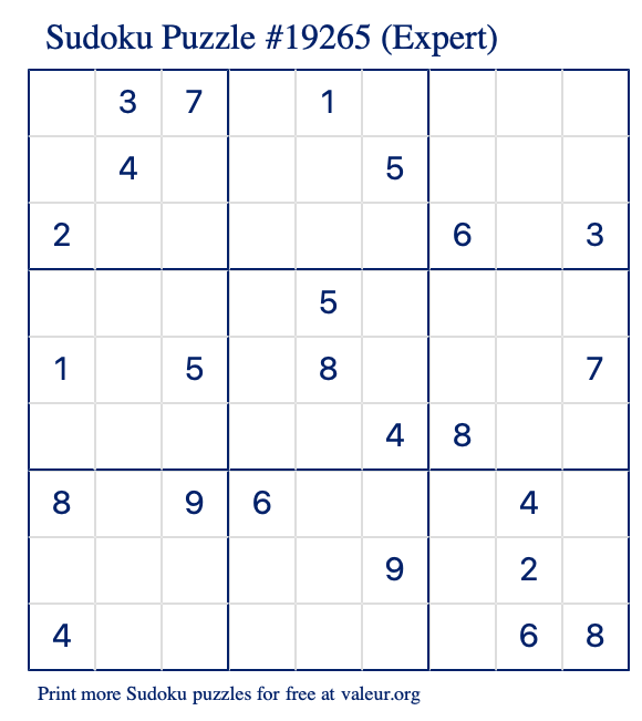 Free Printable Expert Sudoku Puzzle number 19265