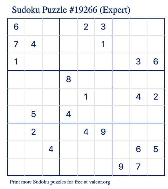 Free Printable Expert Sudoku Puzzle number 19266