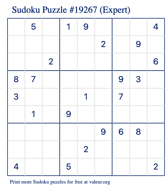 Free Printable Expert Sudoku Puzzle number 19267