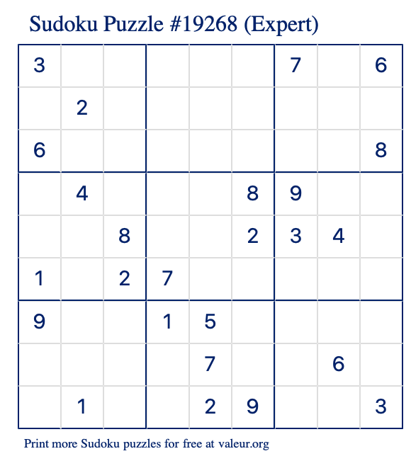 Free Printable Expert Sudoku Puzzle number 19268