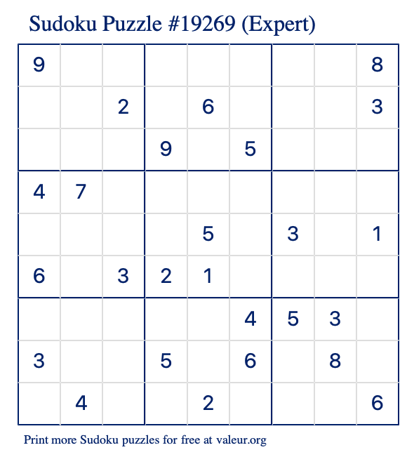 Free Printable Expert Sudoku Puzzle number 19269