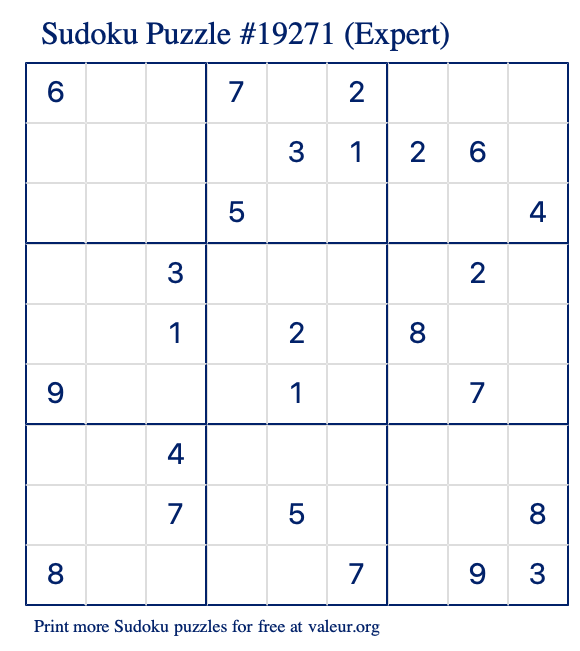 Free Printable Expert Sudoku Puzzle number 19271