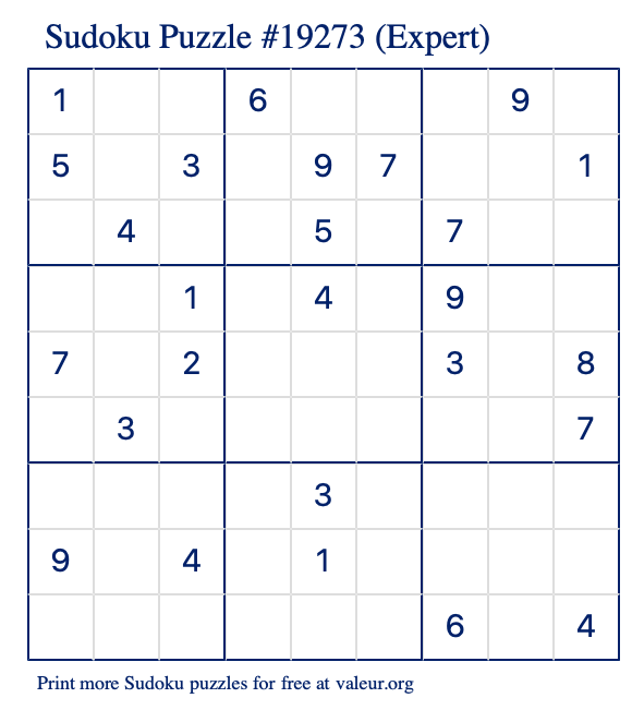 Free Printable Expert Sudoku Puzzle number 19273