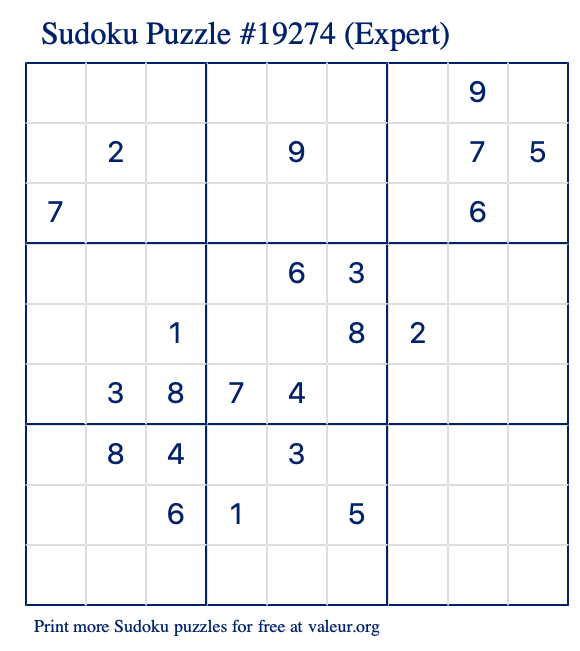 Free Printable Expert Sudoku Puzzle number 19274