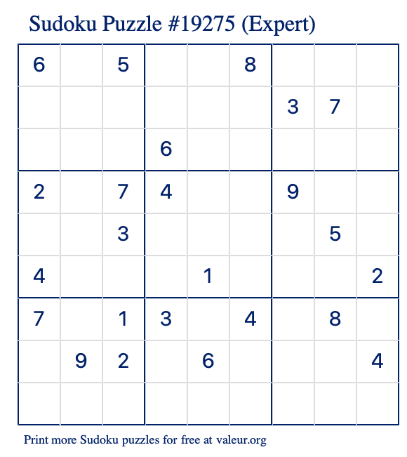 Free Printable Expert Sudoku Puzzle number 19275