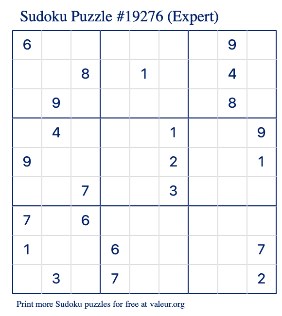 Free Printable Expert Sudoku Puzzle number 19276