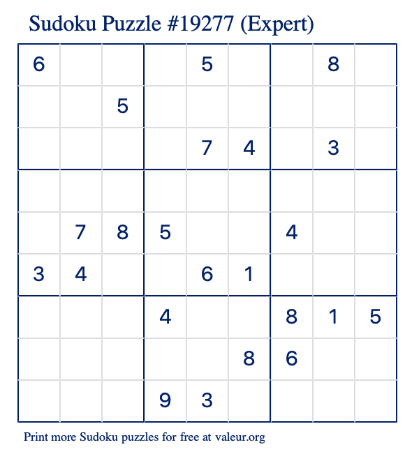 Free Printable Expert Sudoku Puzzle number 19277