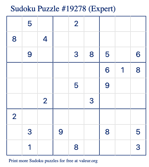 Free Printable Expert Sudoku Puzzle number 19278