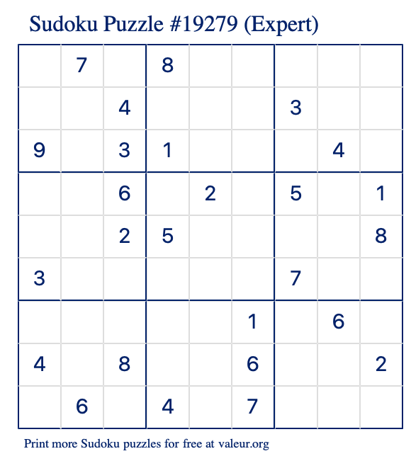 Free Printable Expert Sudoku Puzzle number 19279