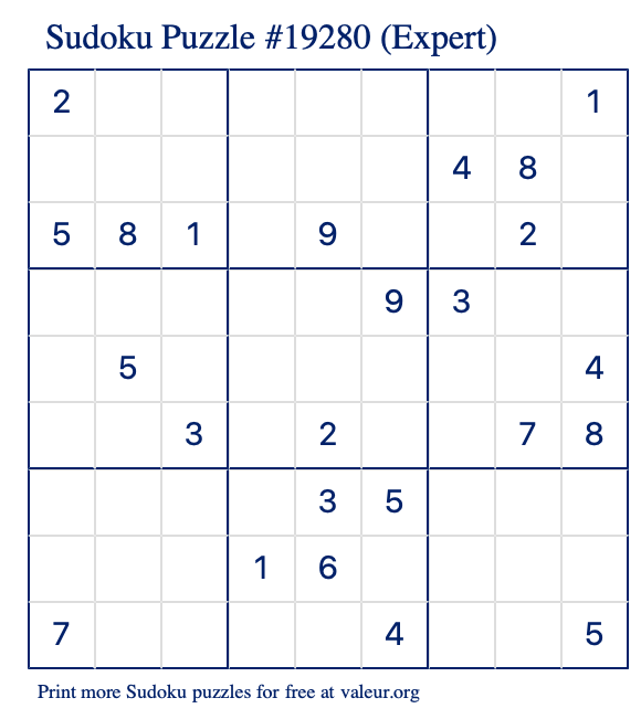 Free Printable Expert Sudoku Puzzle number 19280