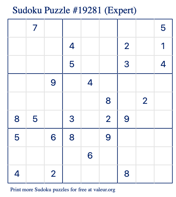 Free Printable Expert Sudoku Puzzle number 19281