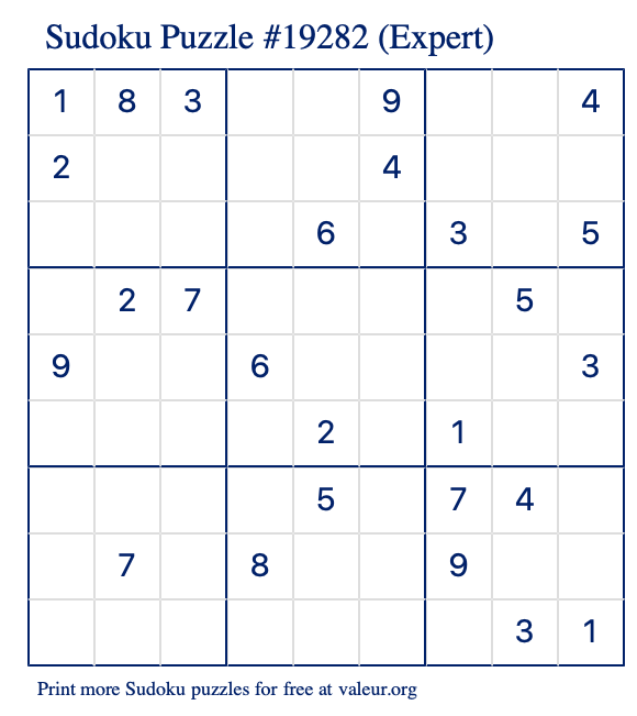 Free Printable Expert Sudoku Puzzle number 19282