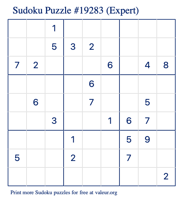 Free Printable Expert Sudoku Puzzle number 19283