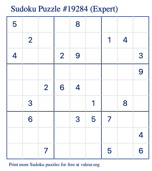 Free Printable Expert Sudoku Puzzle number 19284