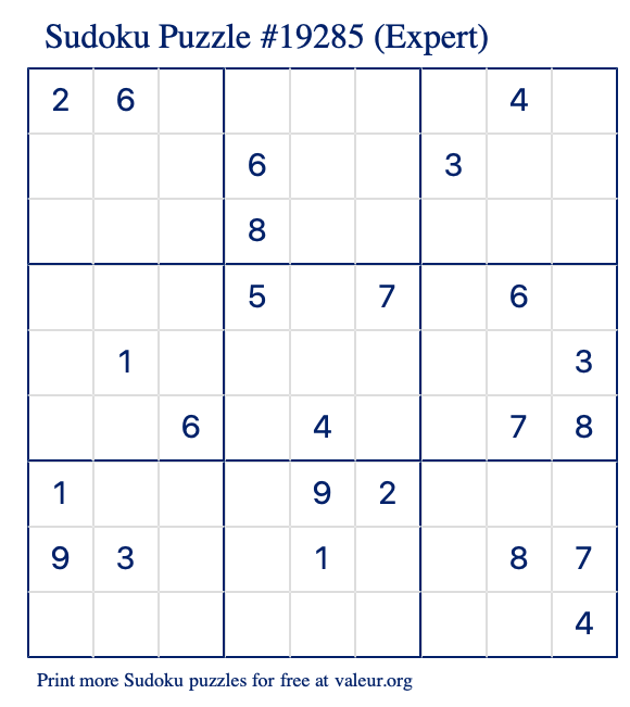 Free Printable Expert Sudoku Puzzle number 19285