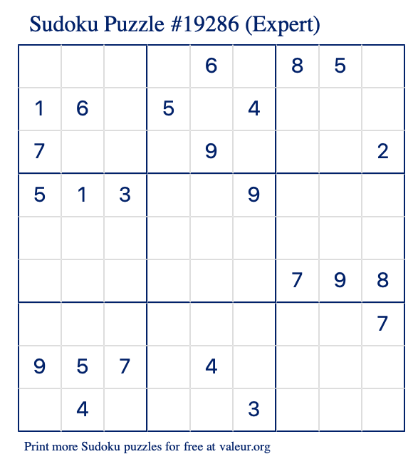 Free Printable Expert Sudoku Puzzle number 19286