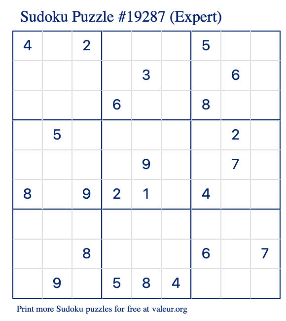 Free Printable Expert Sudoku Puzzle number 19287