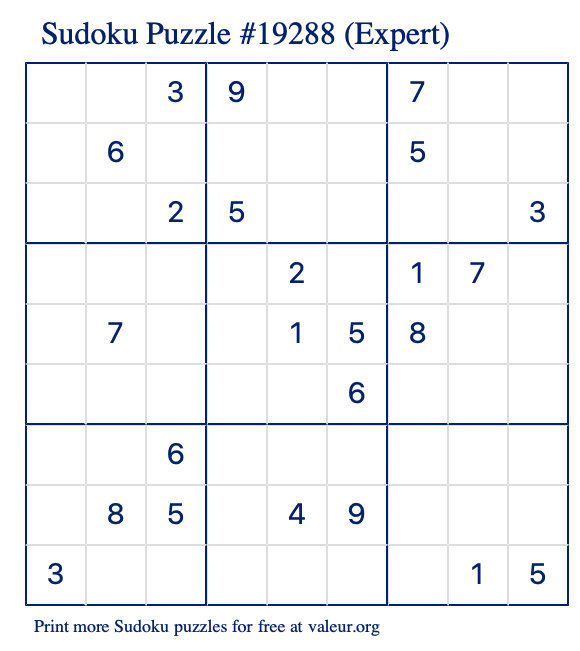 Free Printable Expert Sudoku Puzzle number 19288