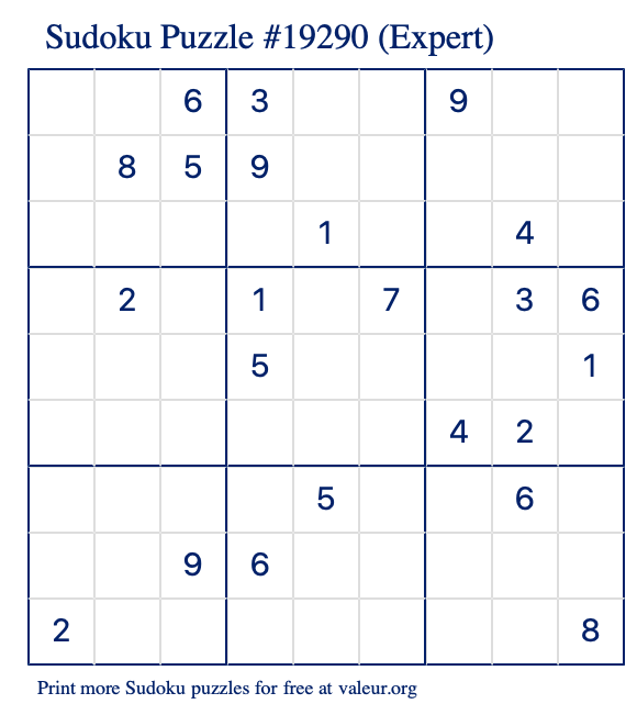 Free Printable Expert Sudoku Puzzle number 19290