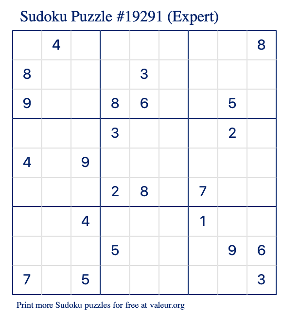 Free Printable Expert Sudoku Puzzle number 19291