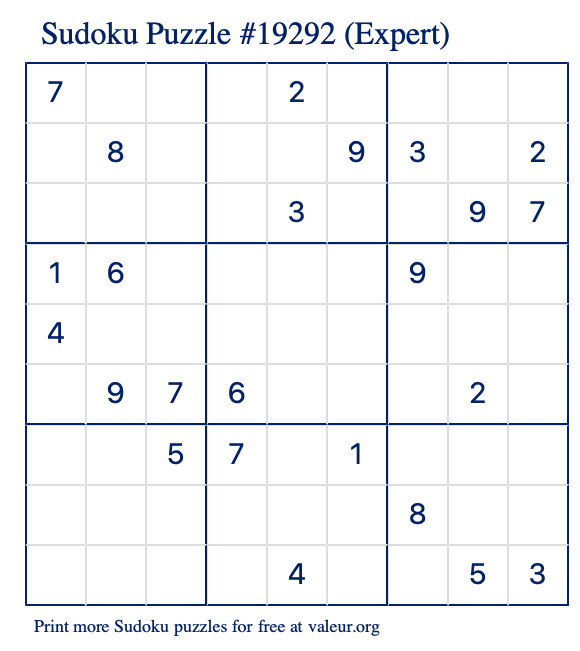Free Printable Expert Sudoku Puzzle number 19292