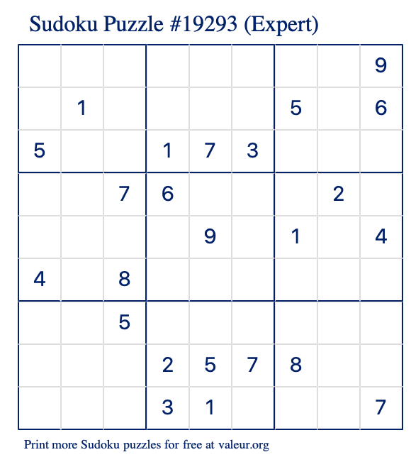 Free Printable Expert Sudoku Puzzle number 19293