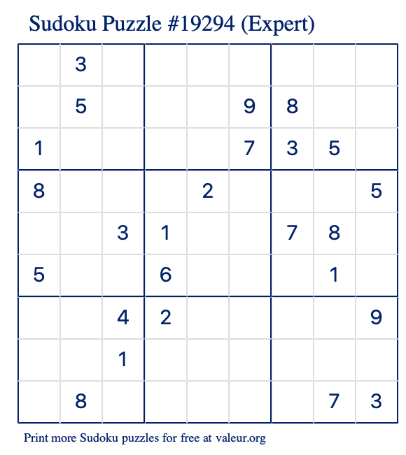 Free Printable Expert Sudoku Puzzle number 19294