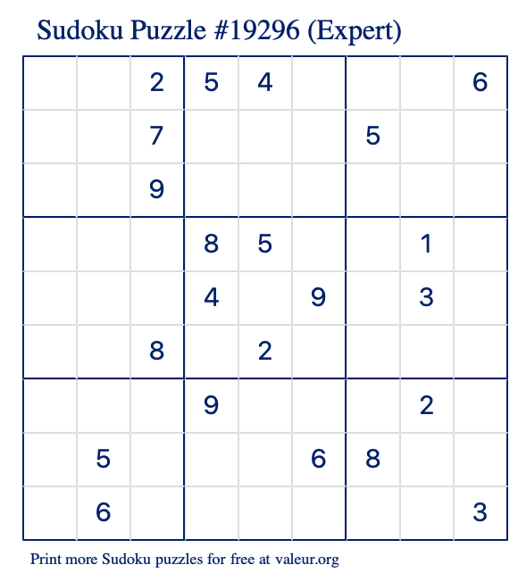 Free Printable Expert Sudoku Puzzle number 19296