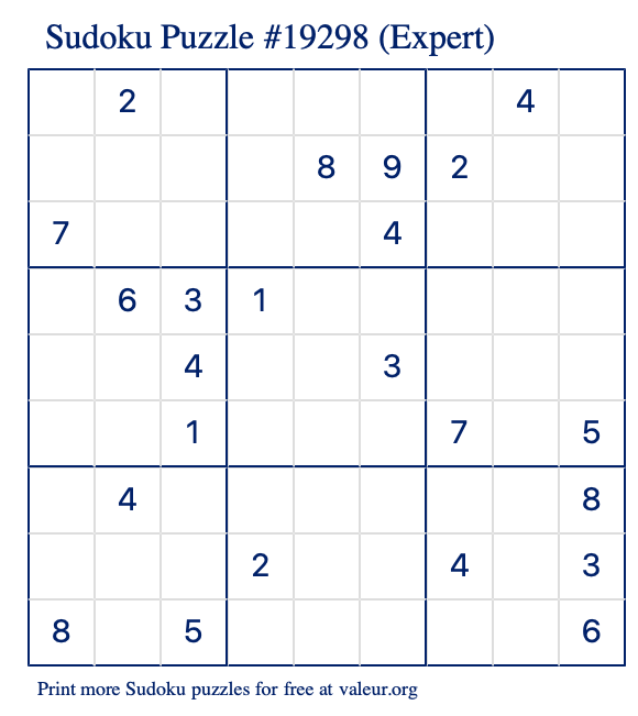 Free Printable Expert Sudoku Puzzle number 19298