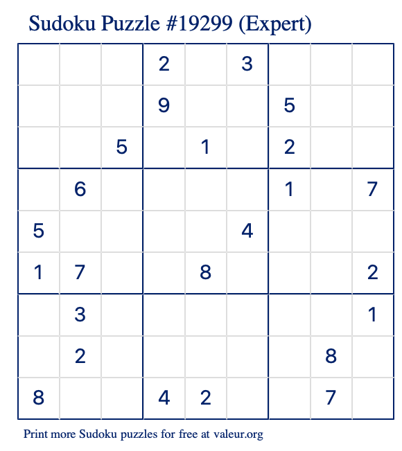 Free Printable Expert Sudoku Puzzle number 19299
