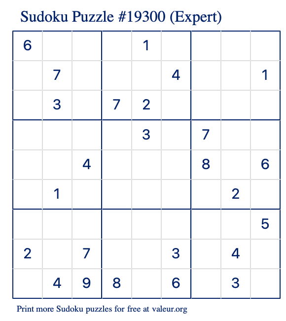 Free Printable Expert Sudoku Puzzle number 19300