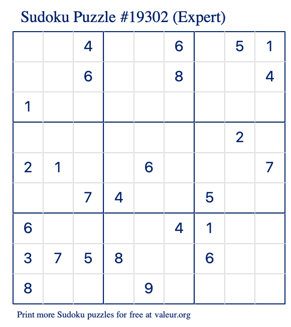 Free Printable Expert Sudoku Puzzle number 19302