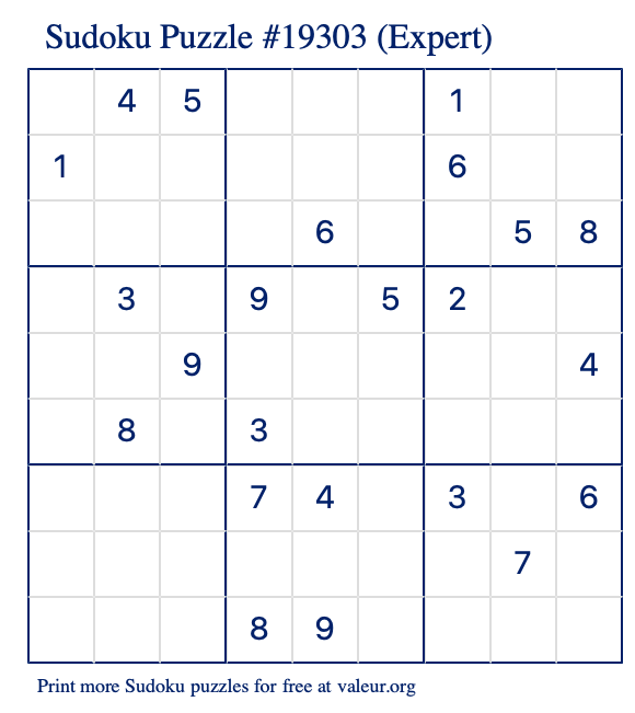 Free Printable Expert Sudoku Puzzle number 19303