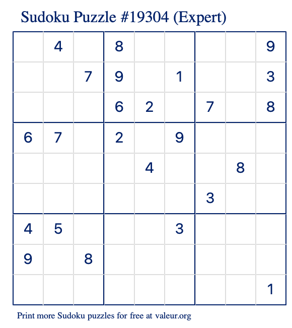 Free Printable Expert Sudoku Puzzle number 19304