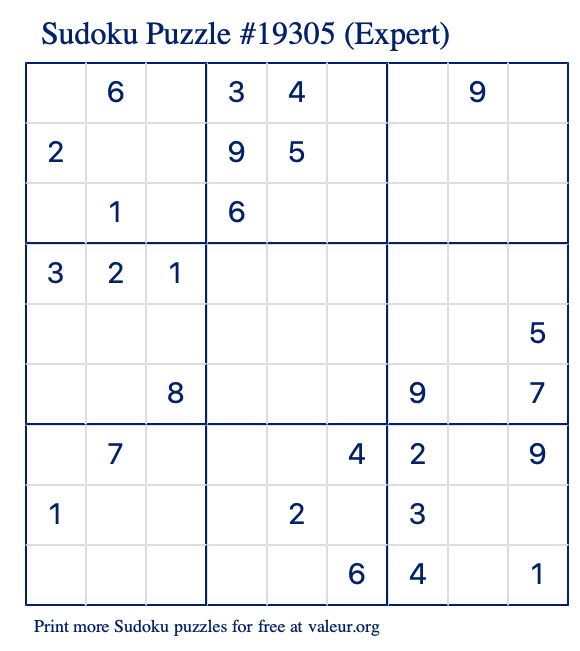 Free Printable Expert Sudoku Puzzle number 19305