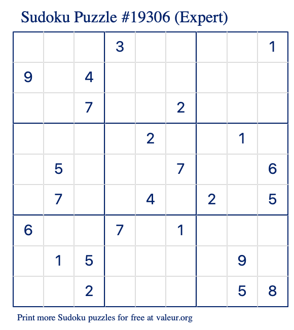 Free Printable Expert Sudoku Puzzle number 19306