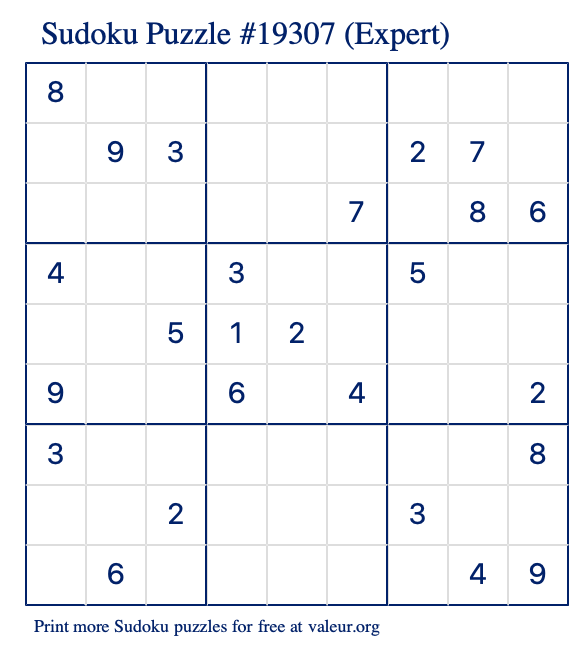 Free Printable Expert Sudoku Puzzle number 19307