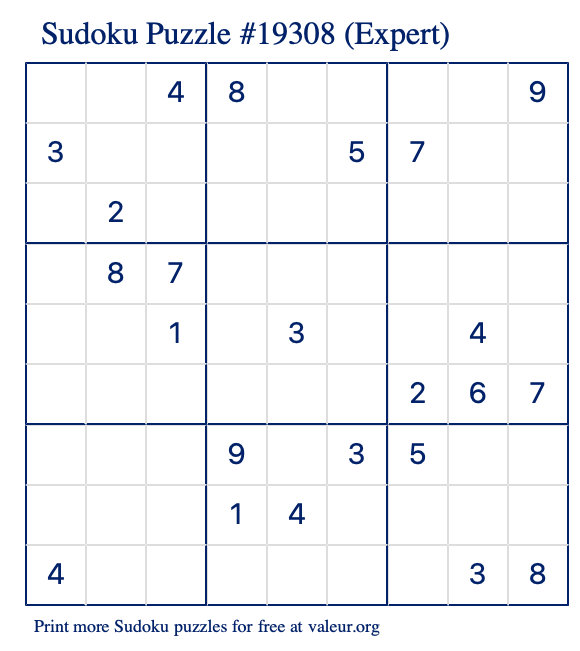 Free Printable Expert Sudoku Puzzle number 19308