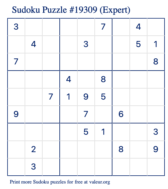 Free Printable Expert Sudoku Puzzle number 19309