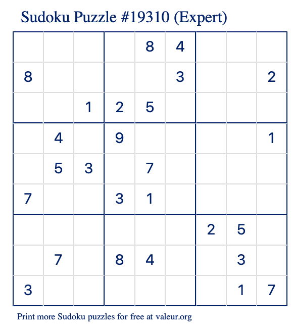 Free Printable Expert Sudoku Puzzle number 19310