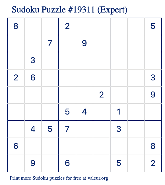 Free Printable Expert Sudoku Puzzle number 19311