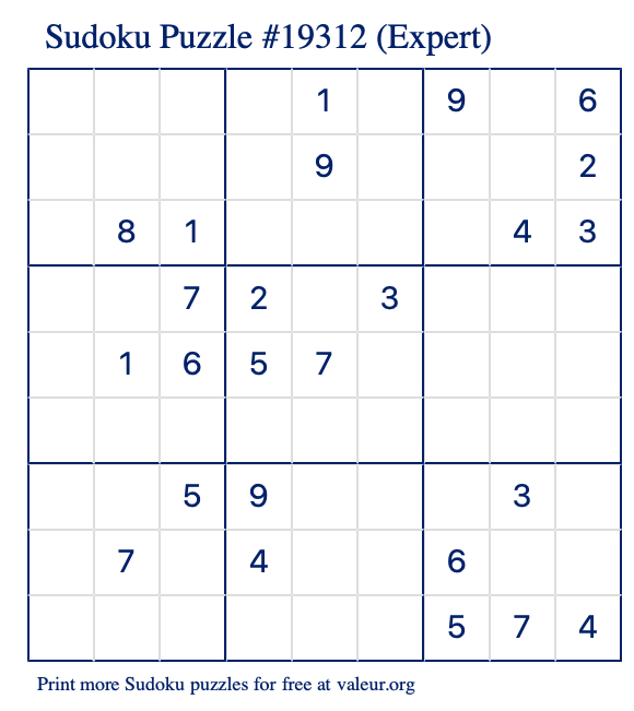 Free Printable Expert Sudoku Puzzle number 19312