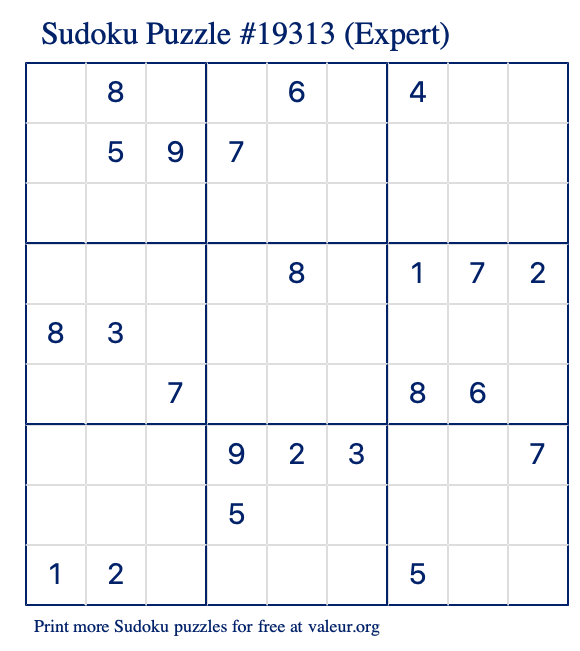 Free Printable Expert Sudoku Puzzle number 19313