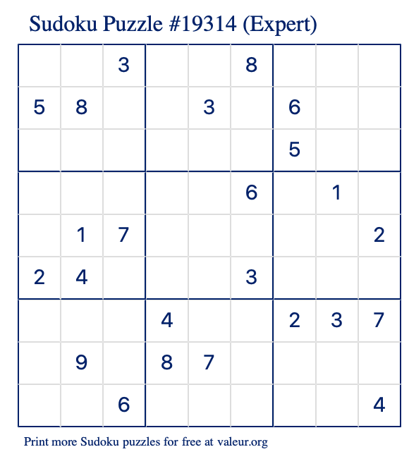 Free Printable Expert Sudoku Puzzle number 19314