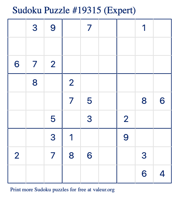 Free Printable Expert Sudoku Puzzle number 19315